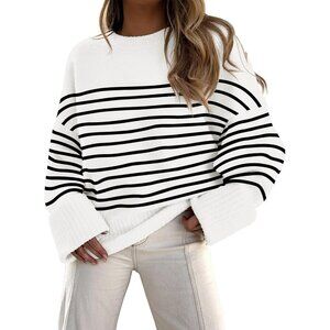 Women's Black White Stripe Oversized Long Sleeve Casual Fuzzy Knit Sweaters
